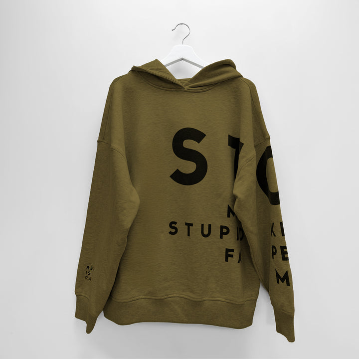 Hoodie: STOP MAKING STUPID PEOPLE FAMOUS ❍ Print | Khaki