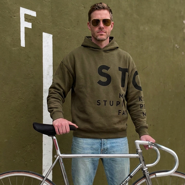 Hoodie: STOP MAKING STUPID PEOPLE FAMOUS ❍ Print | Khaki